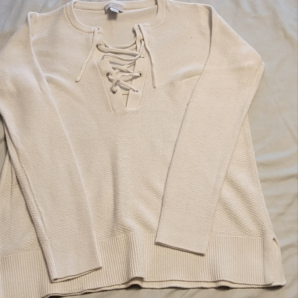 LOFT Cream Lace-Up Sweater
